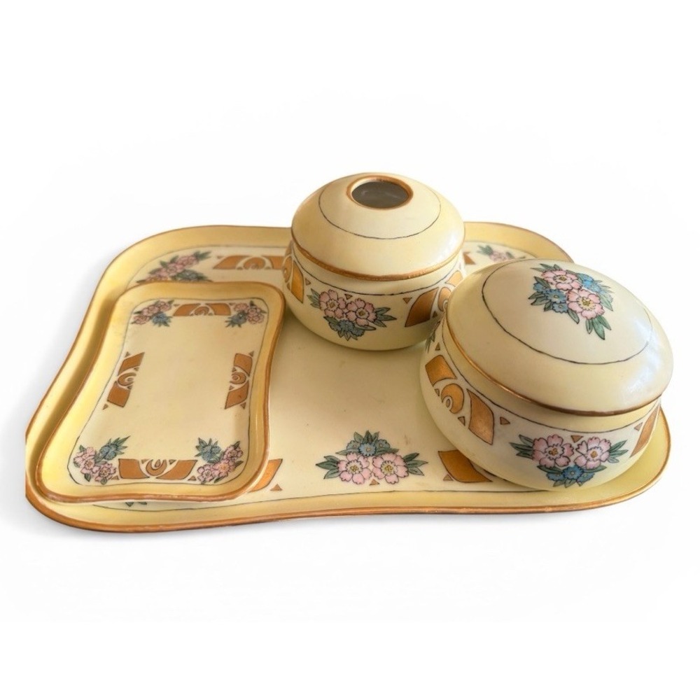 Vtg Vignaud Limoge Porcelain Vanity Tray Dresser Set Gold Floral Art Nouveau
